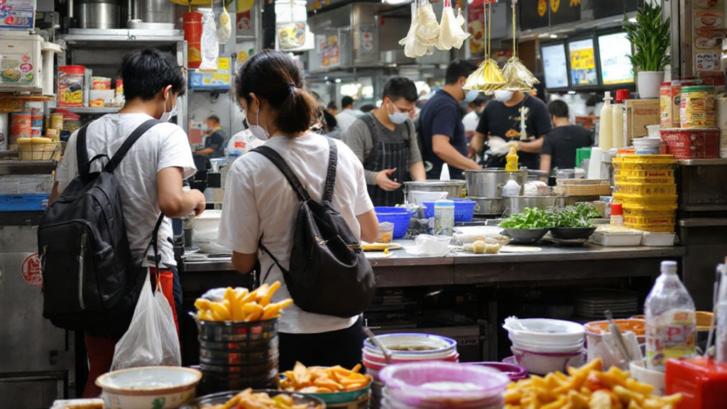 A bustling food stall with a variety of colorful dishes and a person browsing the selection.